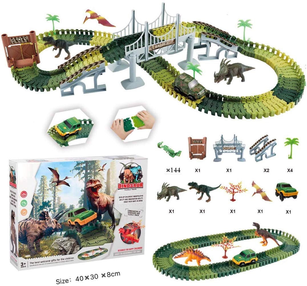2 Slopes,3 Dinosaurs 2 Dinosaurs Car 1 Turntable Playset Toys for 3 4 5 6 7 Years Old Girls Boys Kids Toddlers Gifts HOMOFY 157PCS Dinosaur Toys Race Car Flexible Track Sets 