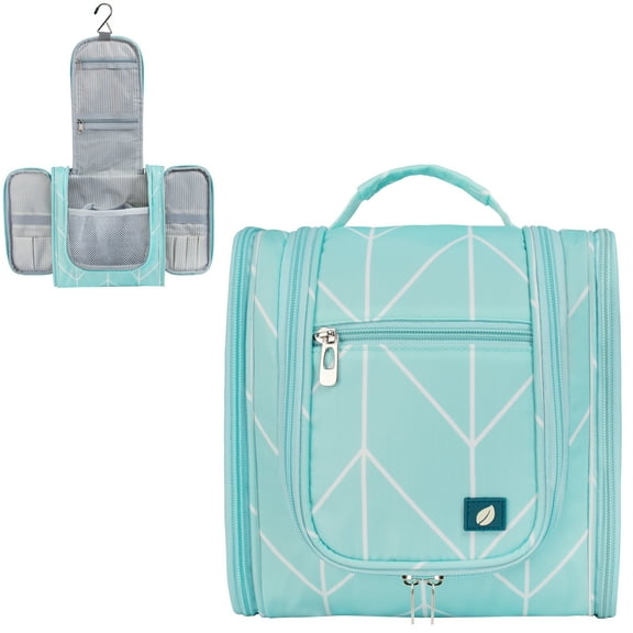 PAVILIA Toiletry Bag Travel Bag for Women Men, Hanging Cosmetic Organizer, Water Resistant Makeup Bag for Accessories Toiletries, Large Travel Essentials Kit (Teal Chevron)