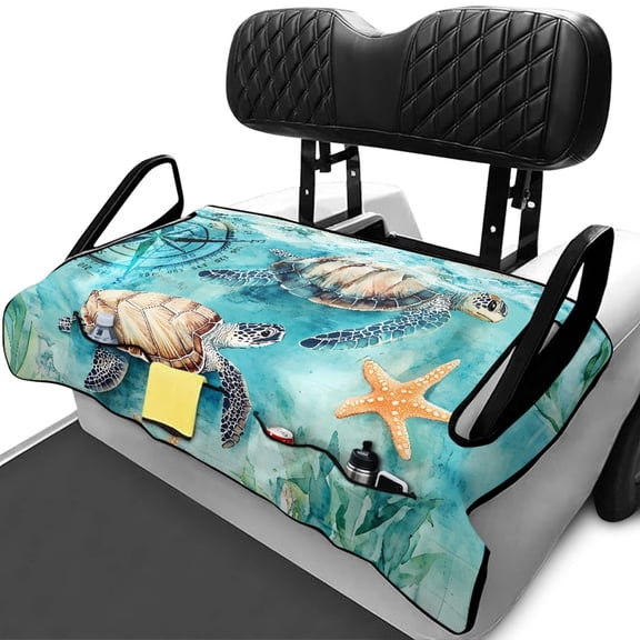 XYZCANDO Sea Turtle Starfish Golf Cart Seat Cover - Terry Cloth Non-Slip Cover with 4 Pockets, Universal 2-Seat Golf Cart Accessory