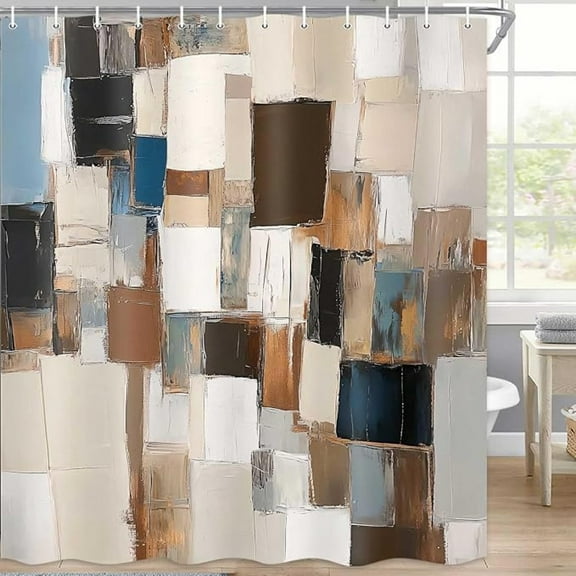Rustic Farmhouse Shower Curtain Modern Abstract Brown Shower Curtain Set For Bathroom Waterproof Fabric With Hooks Machine Washable 72"W x 72"L
