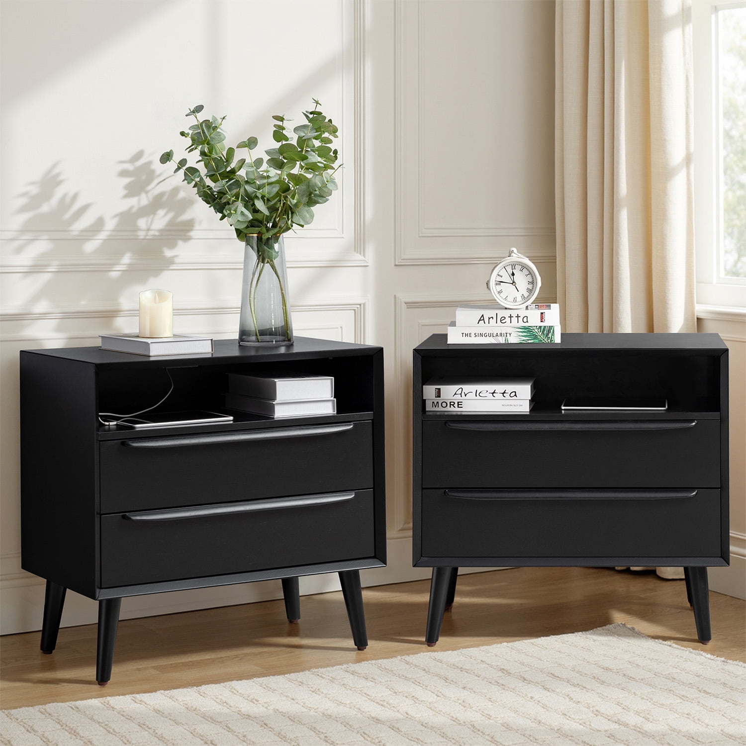 26" Tall 2-drawer Black End Table Set of 2 with Charging Station Table for Living Room