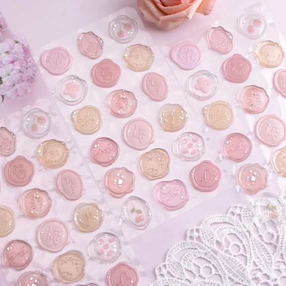54 Pcs Pink Transparent Pre-Made Wax Stickers, Adhesive Wax Seal Stickers Birthday Bridal Shower Party Presents Craft Scrapbook Gift