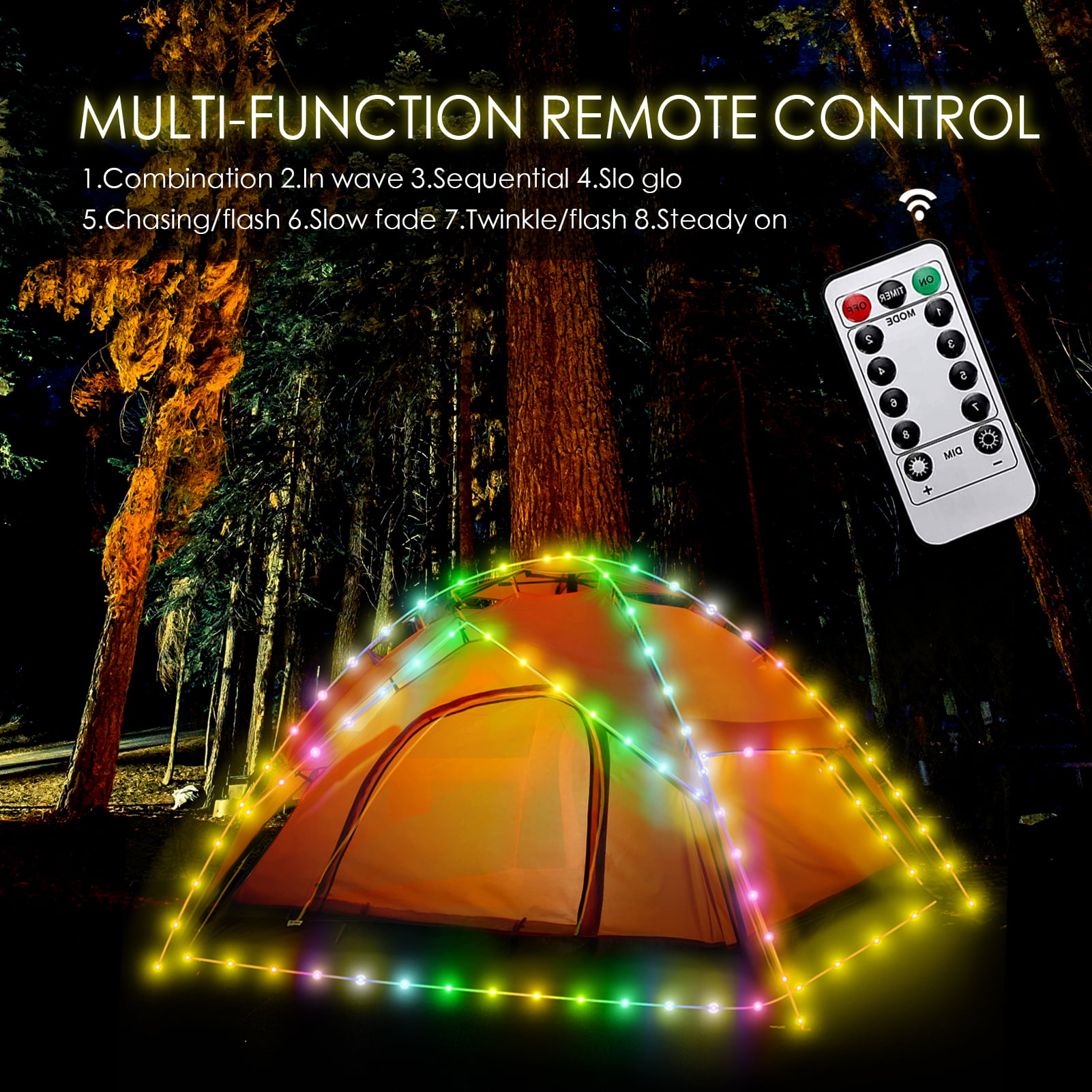 Camping Tent String Lights, 17 Colors 7 Flashing Modes LED Decorative Rope  Lights Battery Operated with Remote Control, Waterproof Camping Tent Light