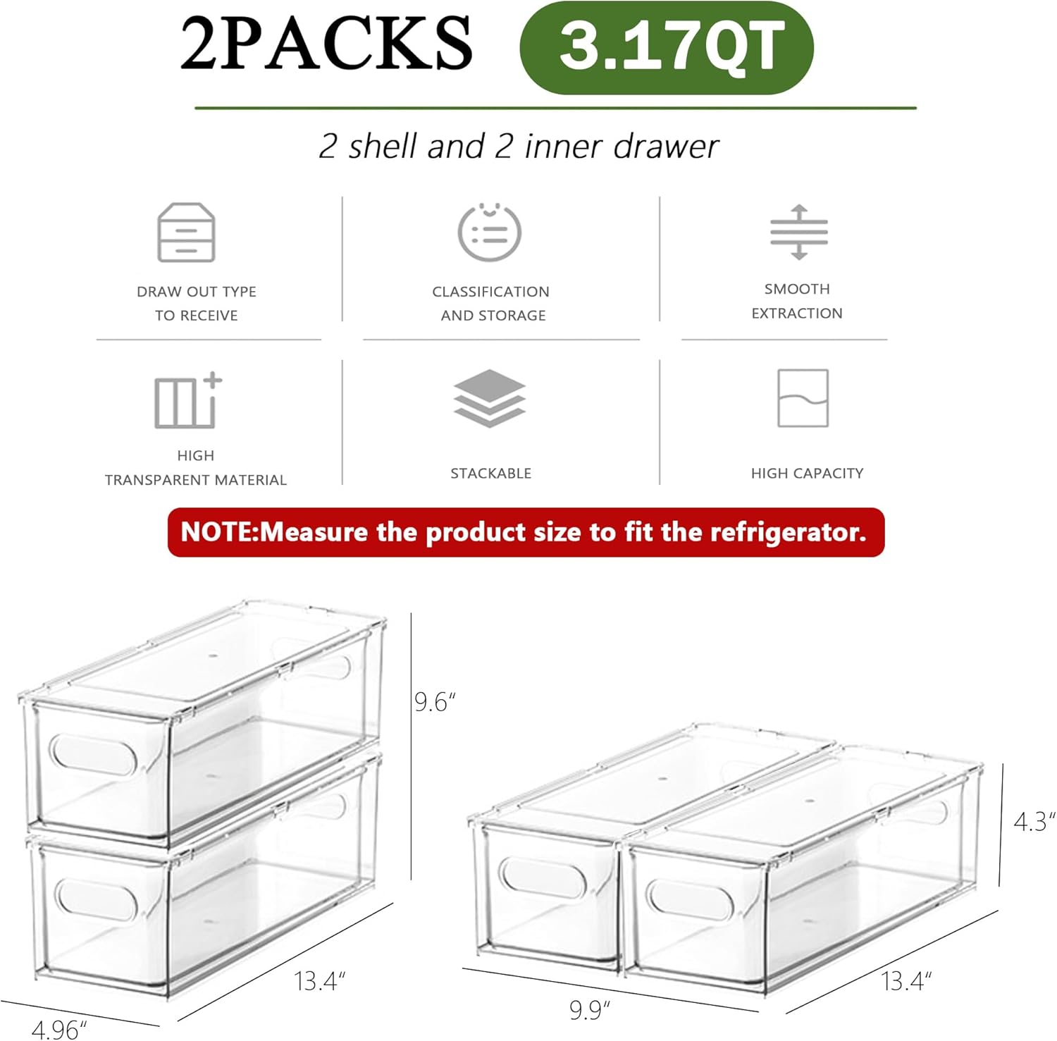 2 Pack Fridge Organizers and Storage with Pull out Drawer, Stackable Storage Drawer, Clear Refrigerator Organizers,  for Kitchen Cabinet Pantry,3.14QT