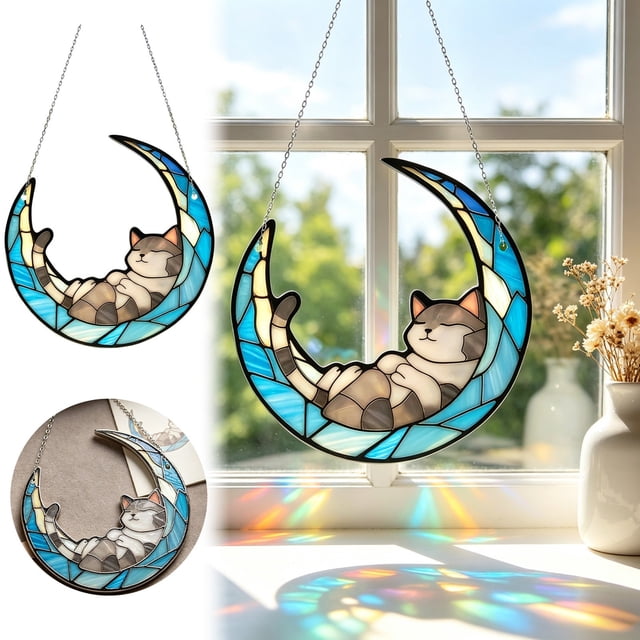 Moon Cat Colorful Glass Style Acrylic Window Hanging Elegant Acrylic Window