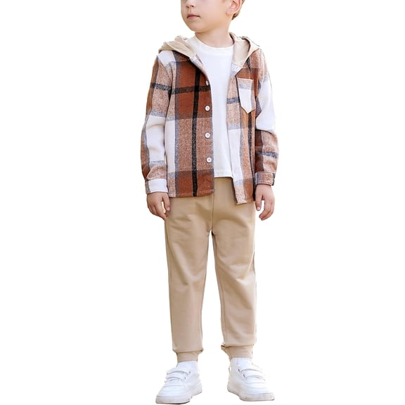 HWJAD 2-7 Years Boys Outfit Sets 2Pcs Flannel Plaid Shirt and Pants Set Hoodie Sweatsuit for Fall Spring Kids Clothes