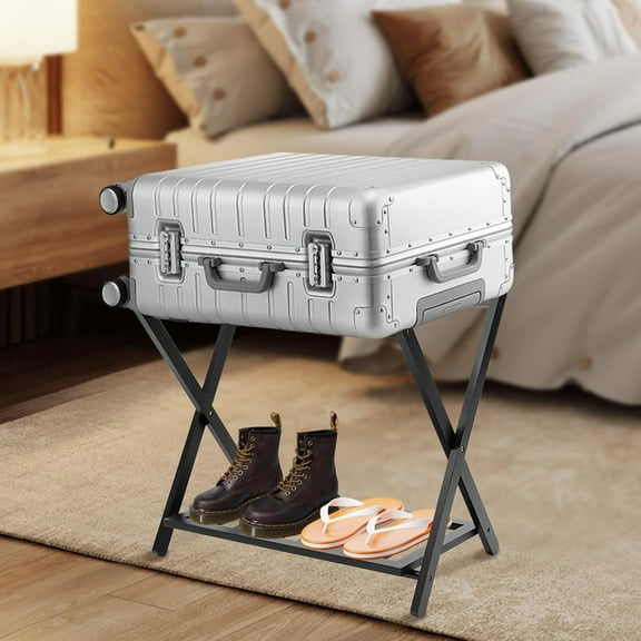 Miumaeov Luggage Rack with Shelf 2 Tier Folding Storage Rack Shelf Bamboo Household Suitcase Stand Luggage Holder for Home Bedroom Guest Room Hotel Entrance