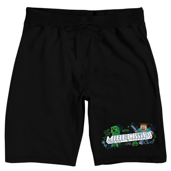 Minecraft Creeper & Steve Men's Black Sleep Pajama Shorts-Large