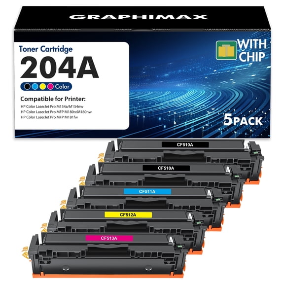 204A Toner Cartridge Compatible for 204A CF510A CF511A CF512A CF513A for Color Laserjet Pro MFP M180nw M180n M154nw M154a MFP M181fw Printer Black Cyan Yellow Magenta (5 Pack)