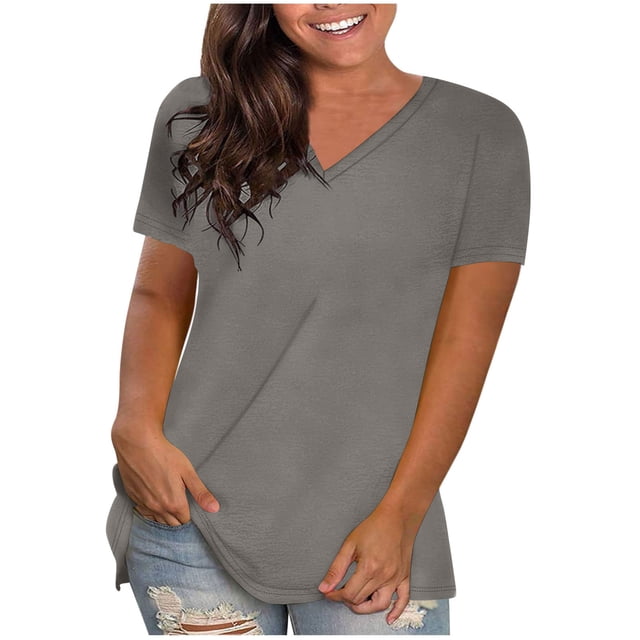 VOAVEKE T-Shirts pour Femmes, Hauts d'Été pour Femmes, T-shirt à Imprimé Mode Blouse à Manches 3/4 Col Rond Décontracté Gris 2TG