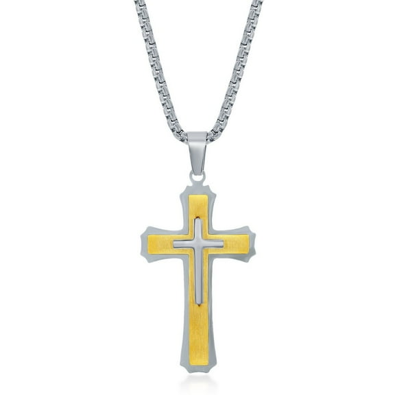 iJewelry2 Gold and Silver Tone Stainless Steel 3D Cross Pendant Box Chain Necklace