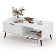 thumbnail image 4 of Senfot 2-Tier Wooden Coffee Table with Sliding Door, Coffee Table with Storage, Solid Wood Legs, Large Rectangle Modern Cocktail Table for Living Room, Mid Century for Home & Office,White, 4 of 8