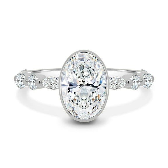 ESTE ORIGIN 2CT Oval Solitaire Moissanite Diamond Ring with Marquise and Round Diamond Band 10K White Gold Bezel Set Engagement Ring for Her US 5.5.