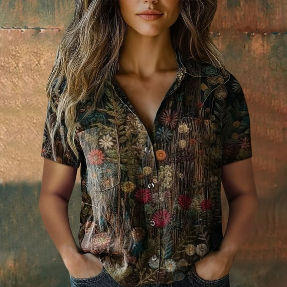 Bovemsi Women Cotton Shirt Printed Fashion Down Shirts Casual Tops Short Sleeve Blouse, Black Women's Summer Shirts, 5XL