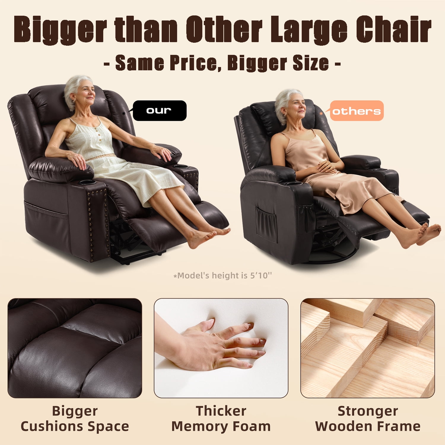 Large Power Lift Chairs Recliners for Elderly with Heated and Massage, Overstuffed Adjustable Lift Chairs, 3 Positions, Breathable Leather, USB-A and USB-C, Cup Holder, Side Pocket, Dark Brown