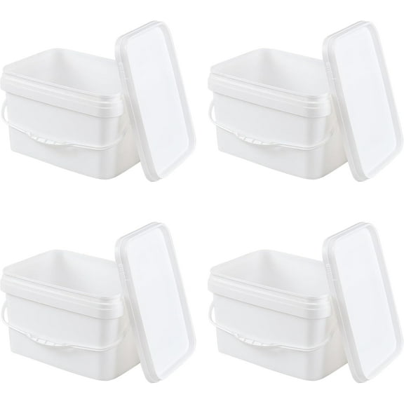 Kekow 4 Pack 3 Gallon Rectangle Plastic Bucket with Lid, Square Utility Food Bucket Pail with Lid and Handle, White