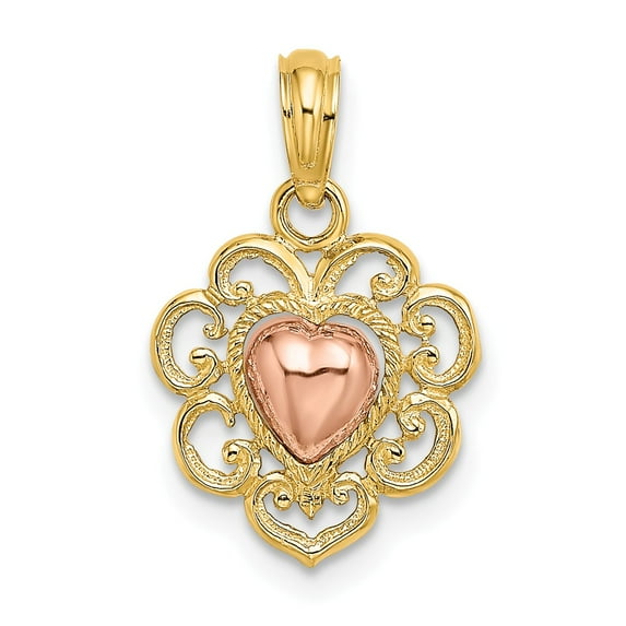 FB Jewels 14k White and Yellow Two Tone Gold Heart with lace Fringe Two-color Pendant