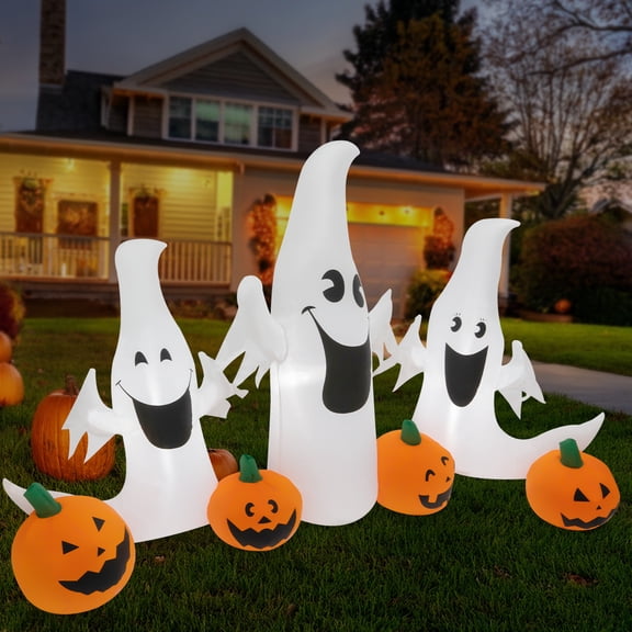 Giant 7.55*4.59ft Inflatable Halloween Set, Pre-Lit Ghosts & Pumpkins, IP44 Rated, 110-Volt Blower, Instant Setup, Lightweight Storage Bag, Festive Nighttime Glow, Lawn, Garden, Party Backdrop