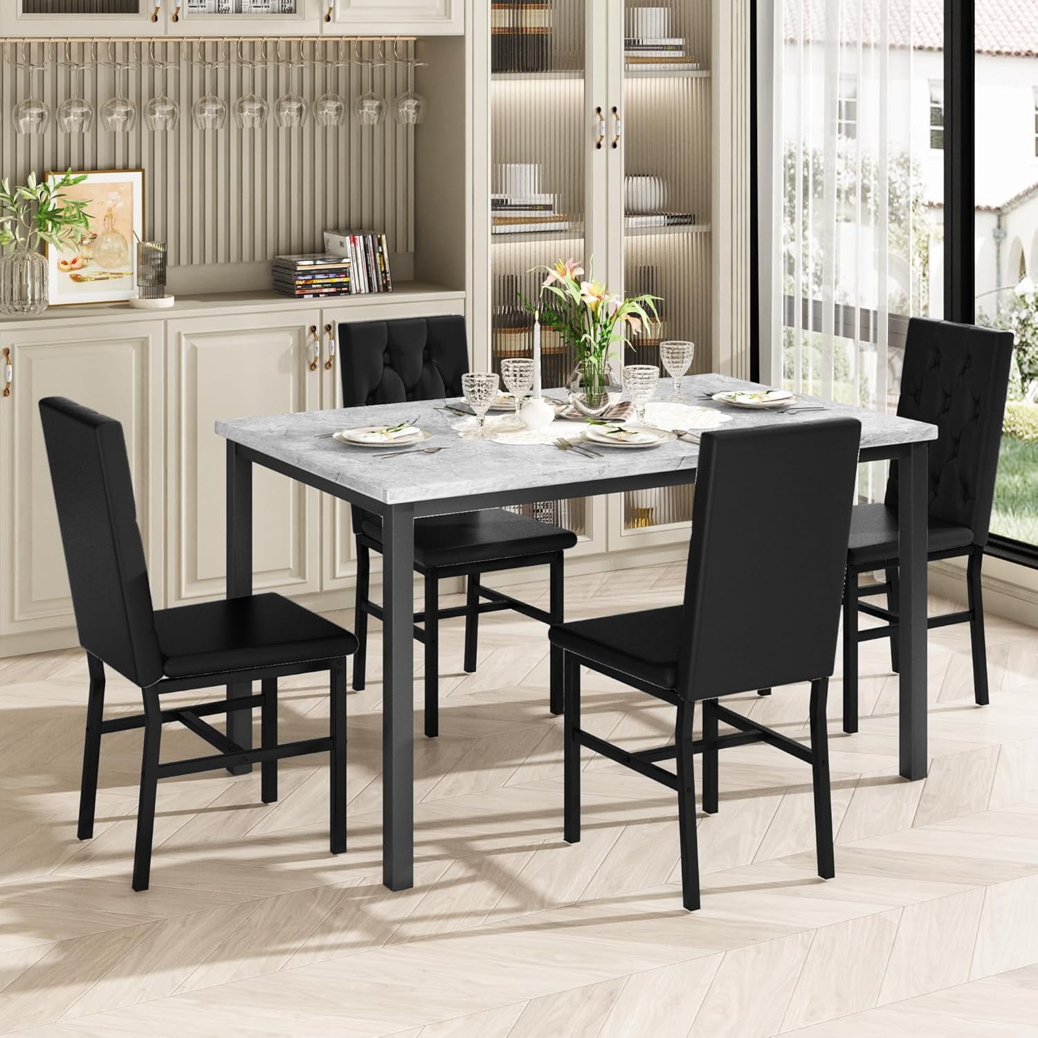LinkRomat 5-Piece Dining Table Set for 4 Faux Marble with Button Tufted Upholstered Chairs, Kitchen Table with Chairs, Black