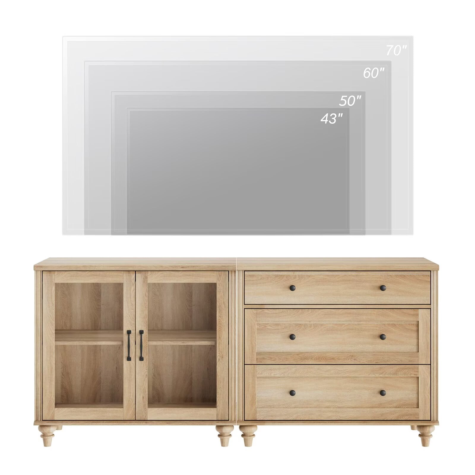 Wooden TV Stand for 75-Inch TV, Entertainment Center with 2-in-1 Sideboard Buffet Cabinet, Glass Door & Drawer for Living Room and Kitchen, Oak Finish