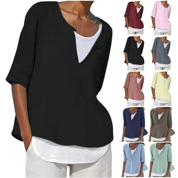 QATAINLAV Prime Day Sales Today, Women's Clothing 2025 Casual Linen 3/4 Sleeve Shirts Loose Fit V Neck Pullover Blouses Spring Summer Plus Size Beach Tops Dark Gray XL