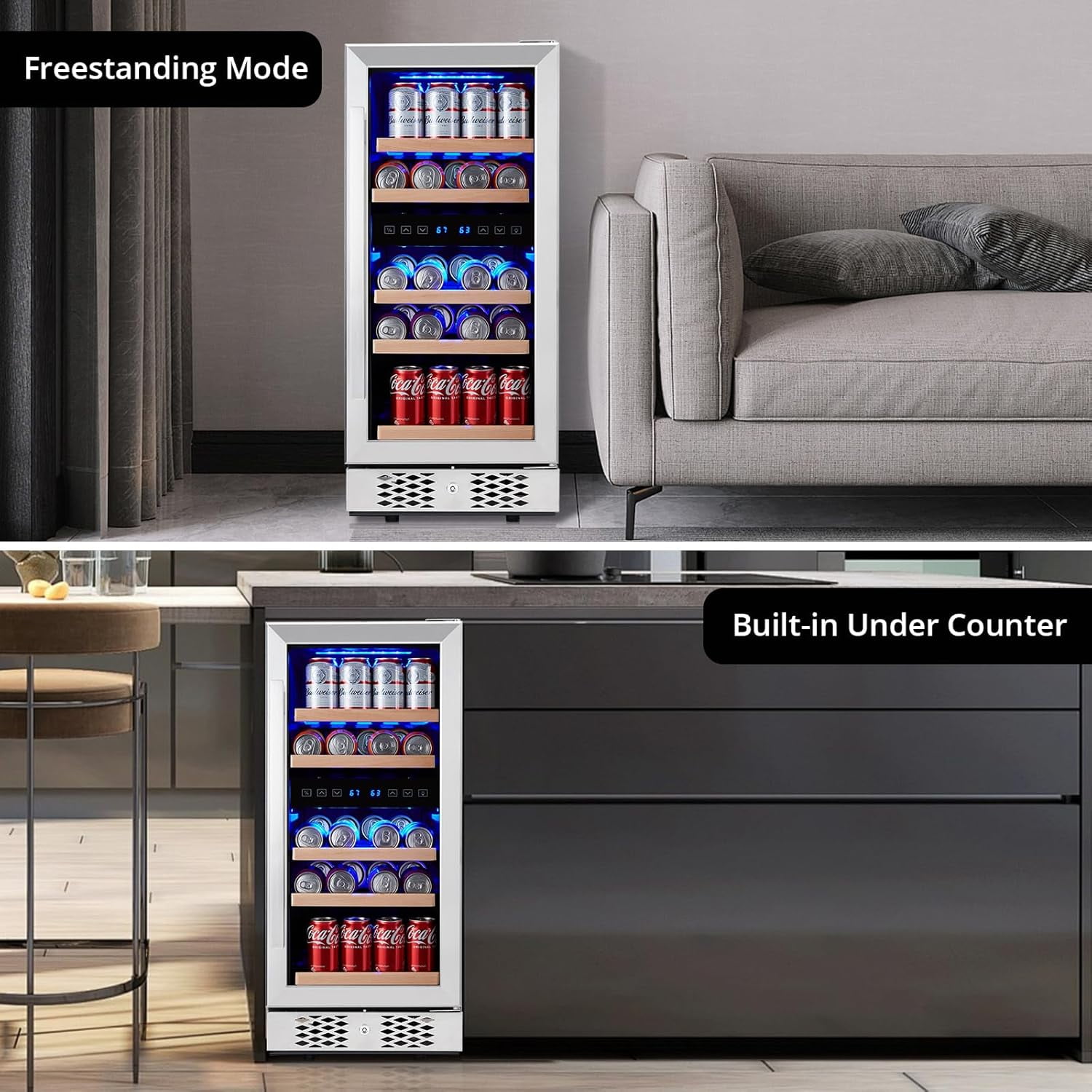96 Can Beverage Refrigerator Cooler, Freestanding Small Mini Fridge in Stainless Steel with Digital Touch Screen, Low Noise Compressor Wine Refrigerator for Home, Office or Bar