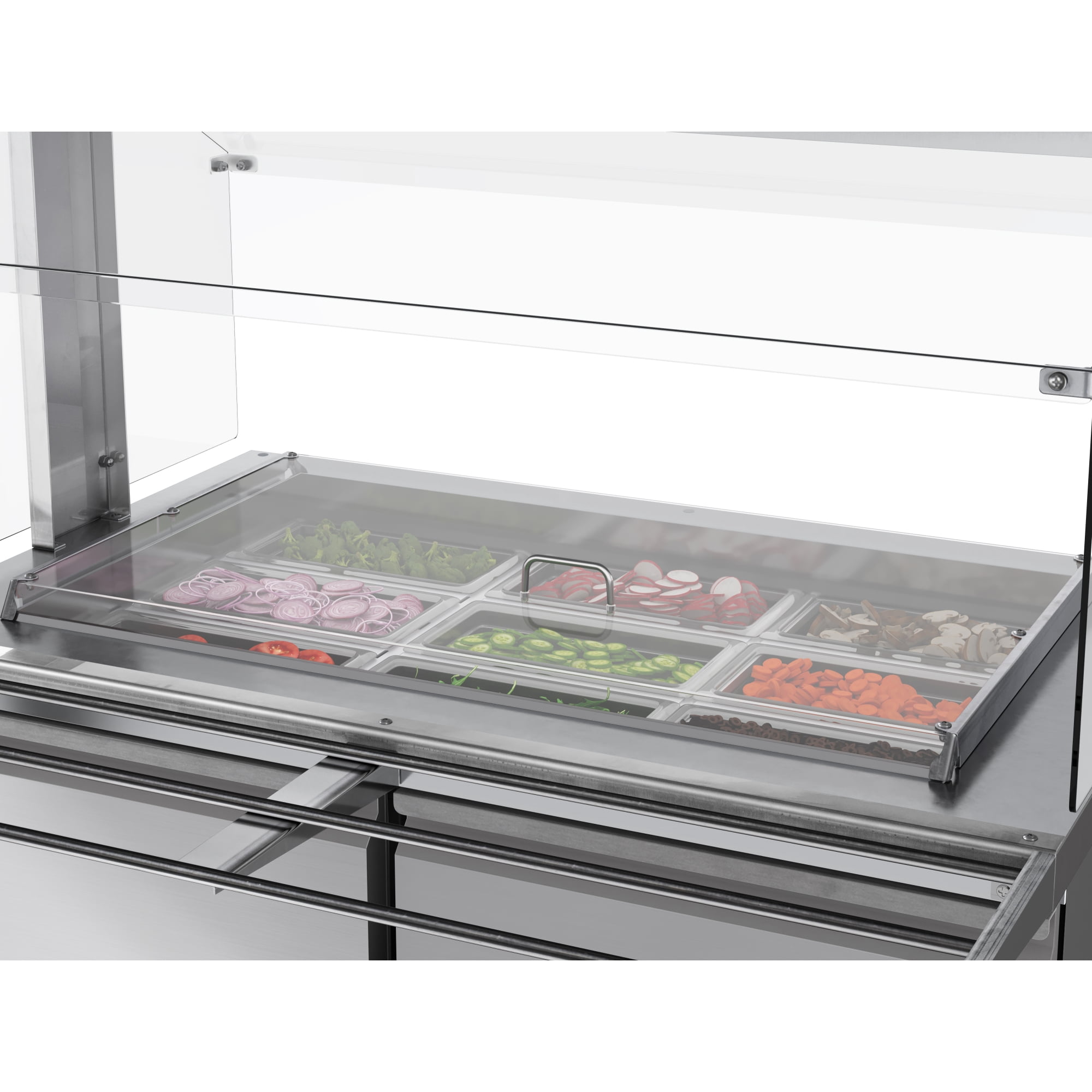 48 in. Commercial Refrigerated Prep Station with Sneeze Guard and Buffet Slide, 9 Pans with Covers and Two Adjustable Shelves in Stainless-Steel, ETL Listed