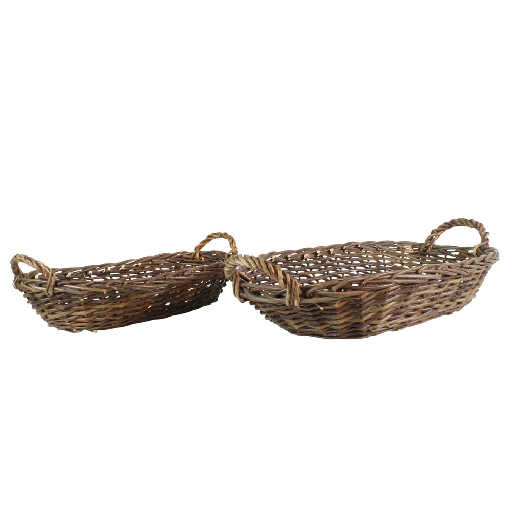 Oval Shape Flat Woven Willow Basket with Handles, Set of 2, Natural Brown