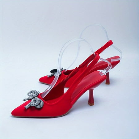 

Women‘s Rhinestone Bowknot High Heel Sandals Solid Color Pointed Toe Slingback Stiletto Heels Versatile Dress Shoes
