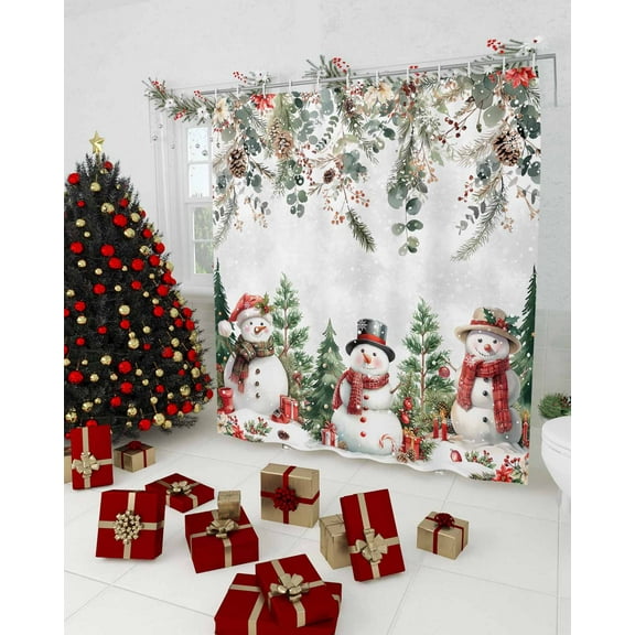 Christmas Snowman Shower Curtain, Xmas Tree Snowflake Pinecone Waterproof Washable Boho Funny Cute Shower Curtains Set for Bathroom Farmhouse Bathtubs Decor with Hook, 36"Wx72"L