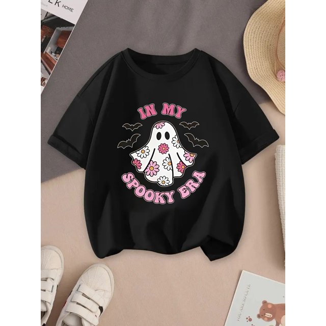 Girls' "in My Spooky era" Halloween T-Shirt - Bright Yellow Short Sleeve Top with Pink Lettering, Bats & Ghosts Print - Soft Round Neck Summer Casual Playwear for Themed Parties & e