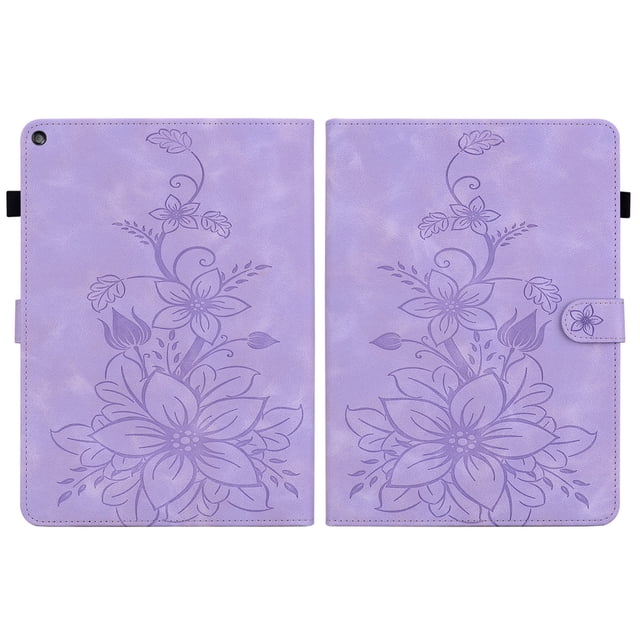 FJLBDE Case for Amazon Fire HD 10 7th/9th Gen, 2017/2019, Embossed Flower PU Leather Flip Wallet Folio Stand Cover, Purple