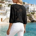 thumbnail image 3 of Ounisa Boho Crochet Tops for Women 3/4 Length Sleeve V Neck Hollow Out Knit Sweater Shirt Summer Lightweight Beach Cover Ups, 3 of 5