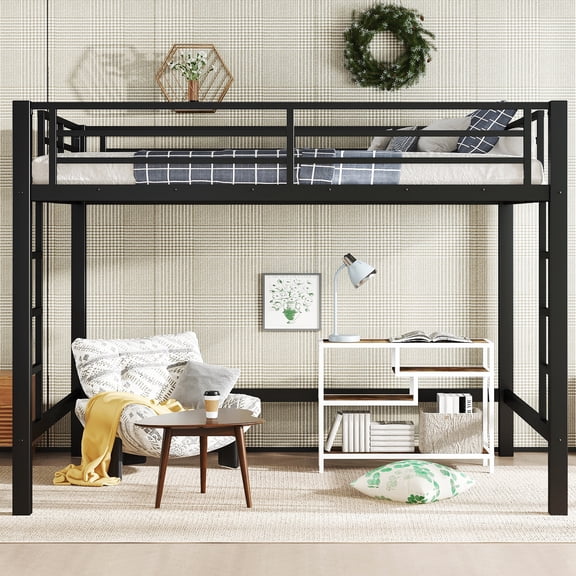 Queen Size Metal Loft Bed with Ladder, Space Saving Loft Bed Frame with Guardrails, Study Desk Under Bed, Black Metal Bed for Dorm Room, Apartment