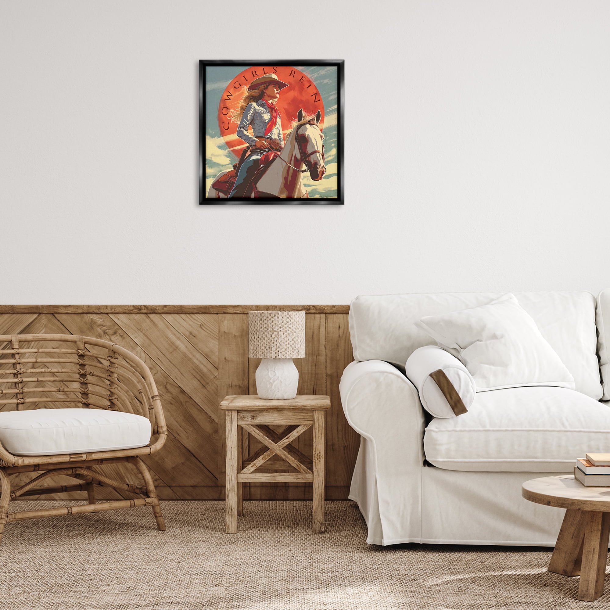 Stupell Industries Cowgirls Rein Portrait People Painting Black Floater Framed Canvas Art Print Wall Art, 25 x 25