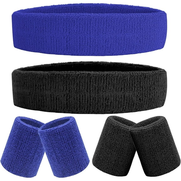 6 Pieces Sweatband Set Sports Headband Wristband Set, Moisture Wicking Athletic Sweatbands 4 Wrist Sweatband and 2 Headbands, Terry Cloth Sweat Absorbing Head Band for Workout