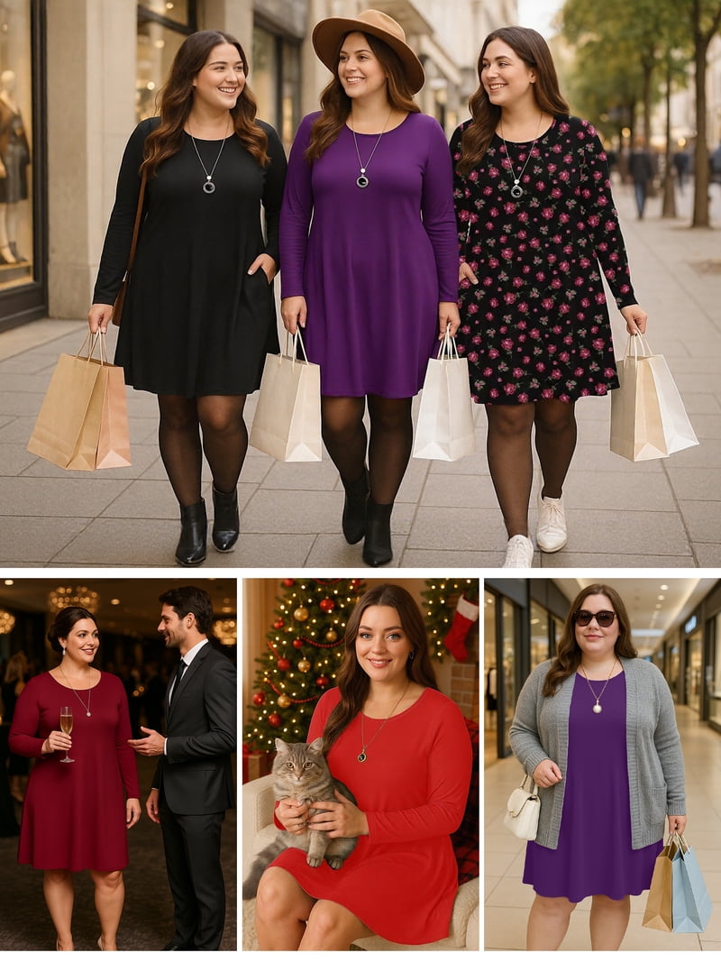 Showmall Women's Plus Size Long Sleeve Swing Dress with Pockets, Black 1X Crew Neck A-Line, Soft Stretch, Knee Length Midi Dress for Spring/Fall/ Showmall Women's Plus Size Long Sleeve Swing Dress with Pockets, Black 1X Crew Neck A-Line, Soft Stretch, Knee Length Midi Dress for Spring/Fall/