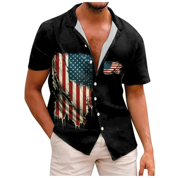 Bjutir Mens Patriotic Shirts Short Sleeve Button Down Lapel Neck Tops Usa Flag Print Fashion 3D Printed Patriotic Lightweight Summer T Shirts Beach Hawaiian Mens Tees Black L