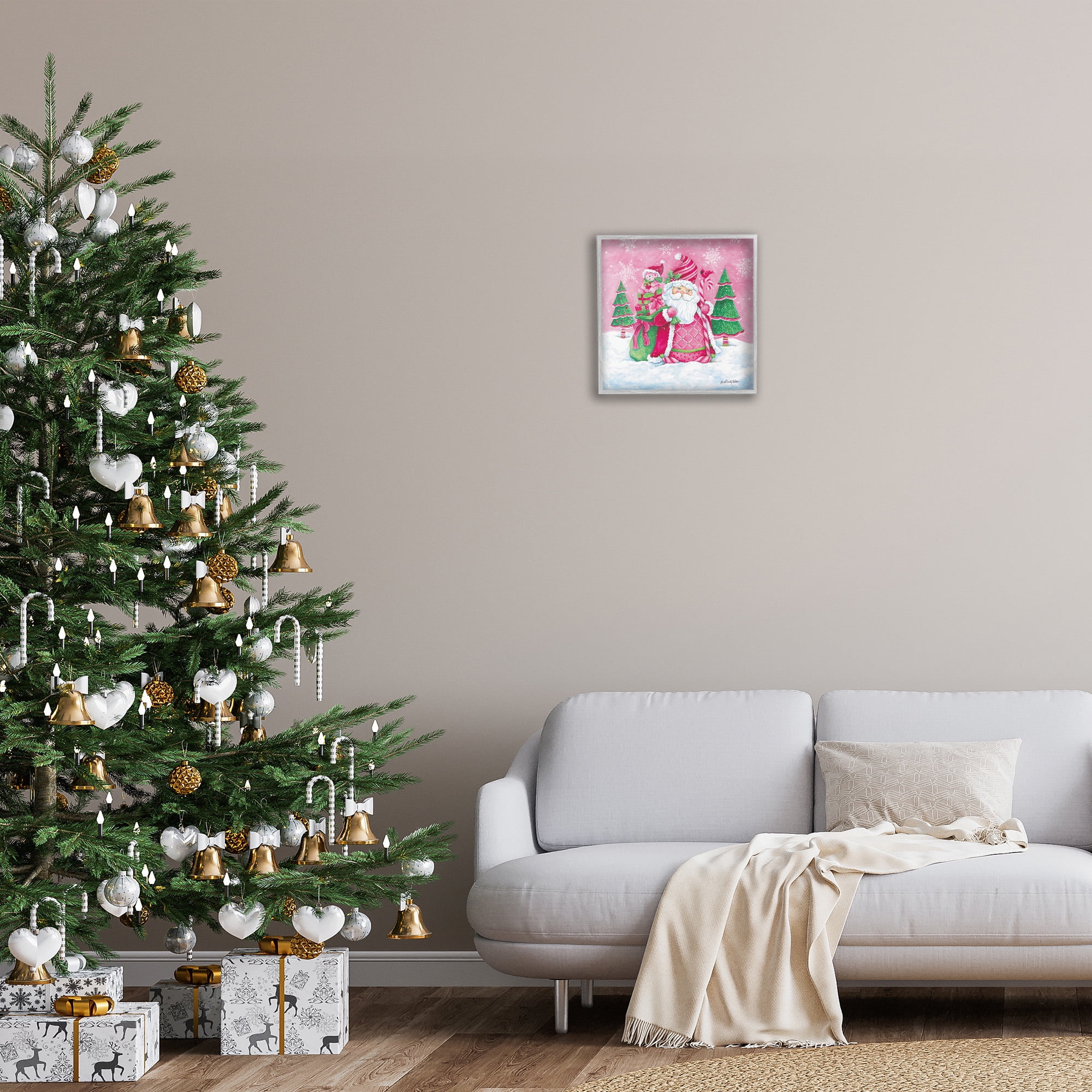 Stupell Industries Pink & Green Santa Scene Holiday Painting Gray Framed Art Print Wall Art, 17 x 17