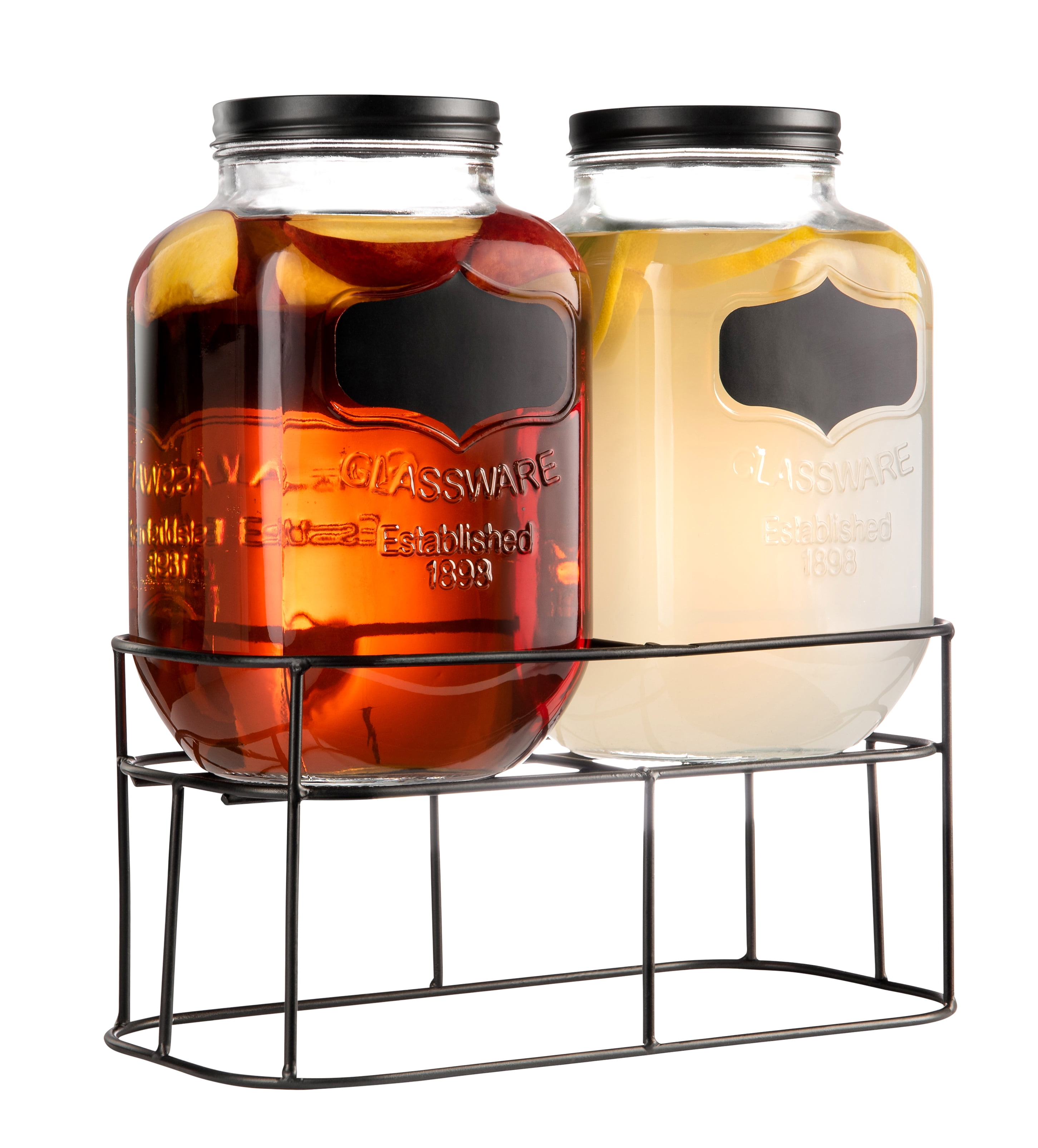 Dual Mason Jar Drink Dispensers with Metal Stand 4-Liters Each Leakproof, Easy-Pull Spigots and Screw-On Lids Clear, Heavy-Duty Glass Chalkboard Sticker Labels