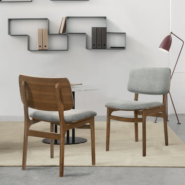 Lima Wood Dining Accent Chairs in Walnut Finish and Grey Fabric Set