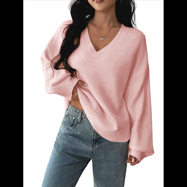 Suéter de Larga de Otoño para Mujer, Cuello en V, Informal, Ligero, de Punto Rosa M