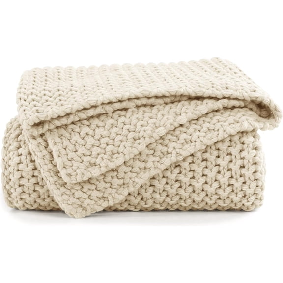 Beige Chunky Knit Throw Blanket 50x60 Inch – Woven Cable Texture, Soft and Cozy, Decorative Accent for Couch, Chair, or Room Decor