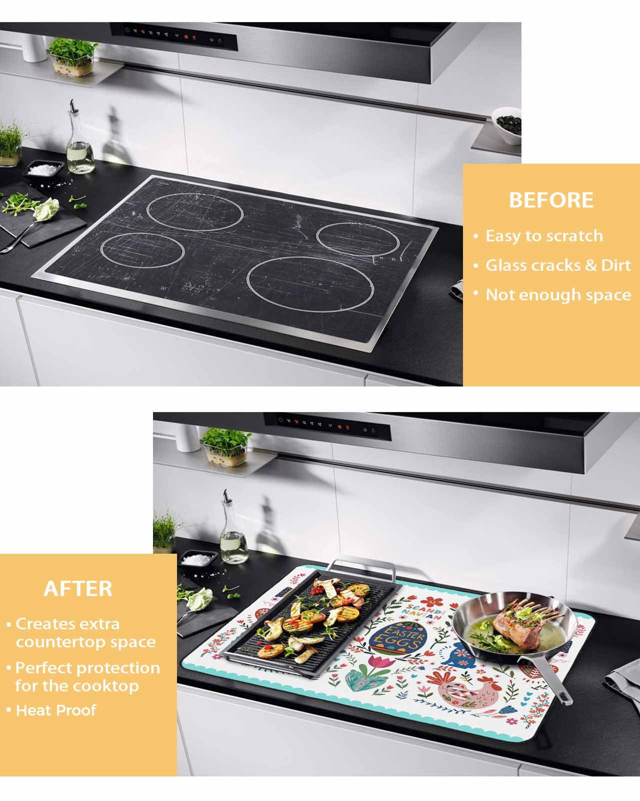 Large Induction Cooktop Protector Mat Easter Stove Top Covers for Electric Stove, Farmhouse Rabbits Eggs Flowers Abstract Art Decorative Stove Burner Cover Mats, Glass Top Stove Cover