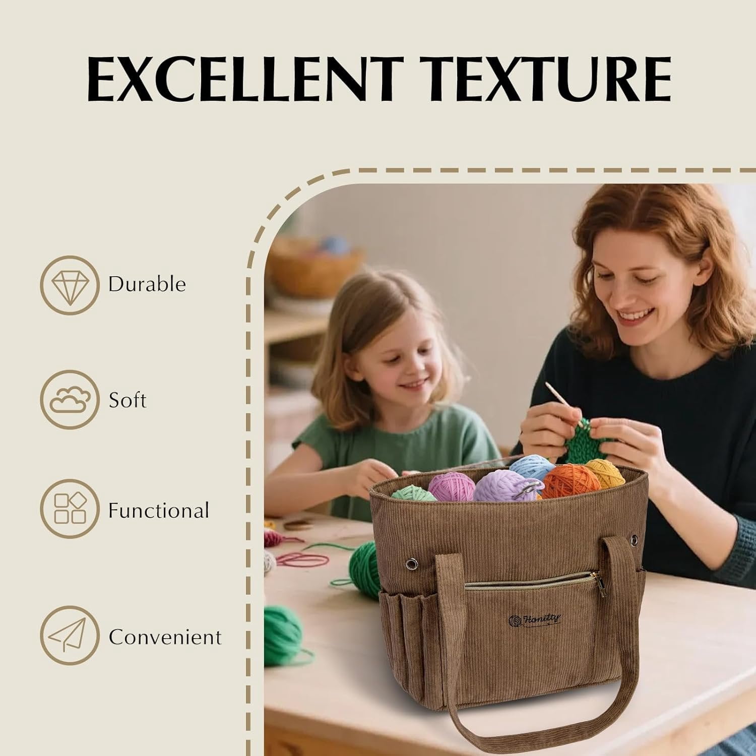 Crochet Bag, Corduroy Tote Bags With  Holders Grommets, Large Capacity Four Compartment Yarn Storage For Women