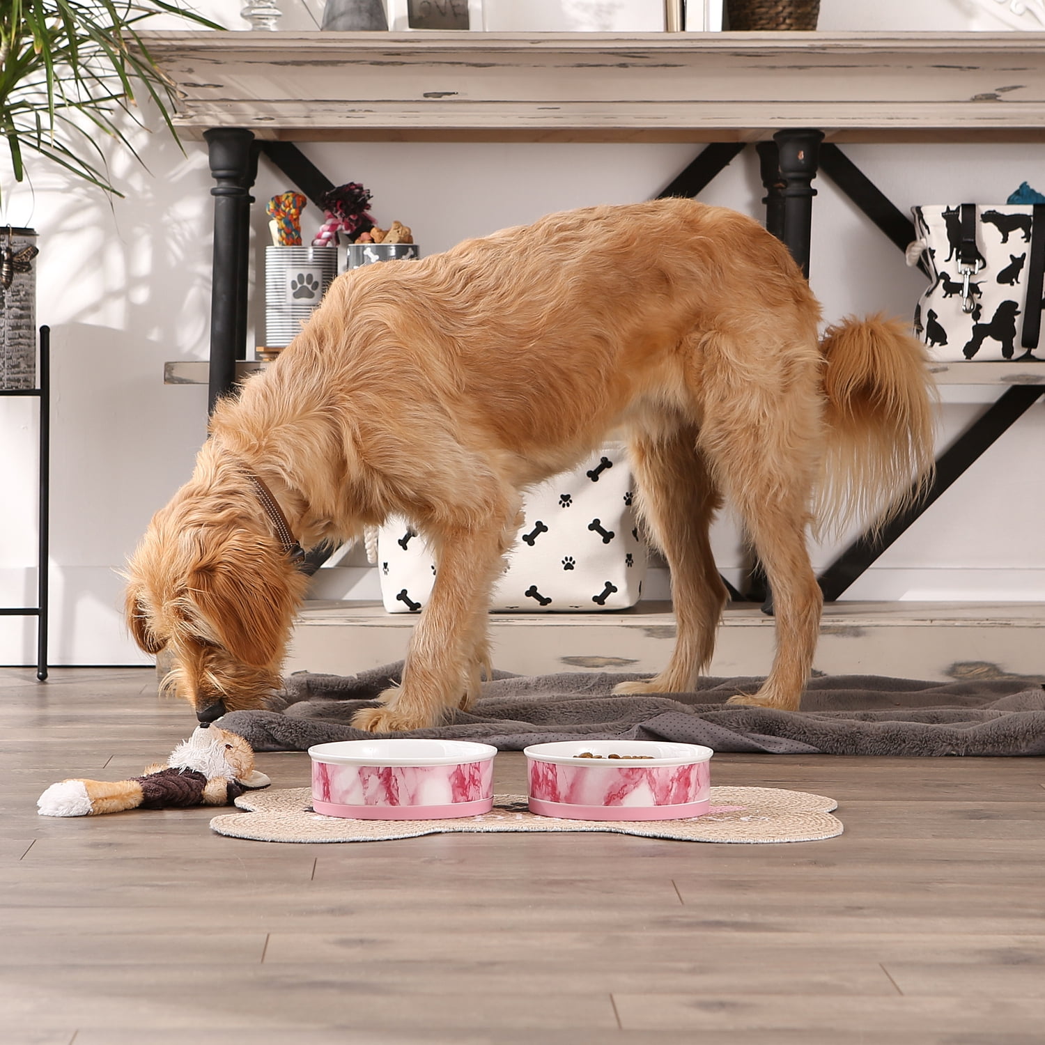 Bone Dry Ceramic Marble, Pet Bowls, Dishwasher Safe, Large, 7.5x2.4", Pink, 2 Count