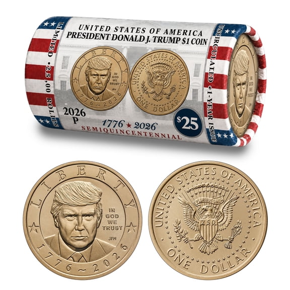 Collectible President Donald J. Trump 2026 $1 Coin Roll • Classic Horizontal Design • 25 Brilliant Uncirculated Coins • Limited Edition of 25,000 Rolls