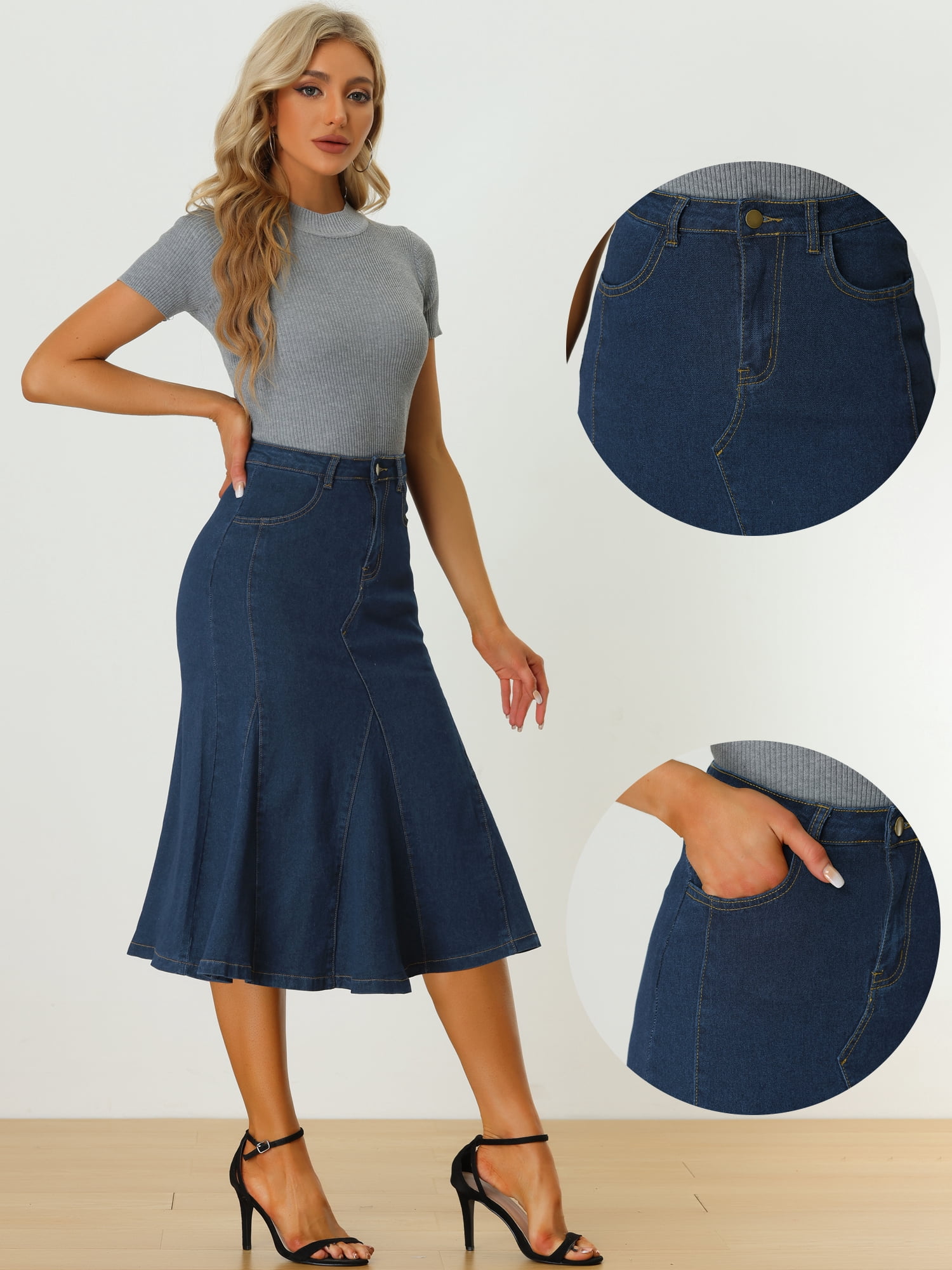 DARING DIVA Women's High Waisted A-Line Flared Midi Casual Denim Skirt M Dark Blue