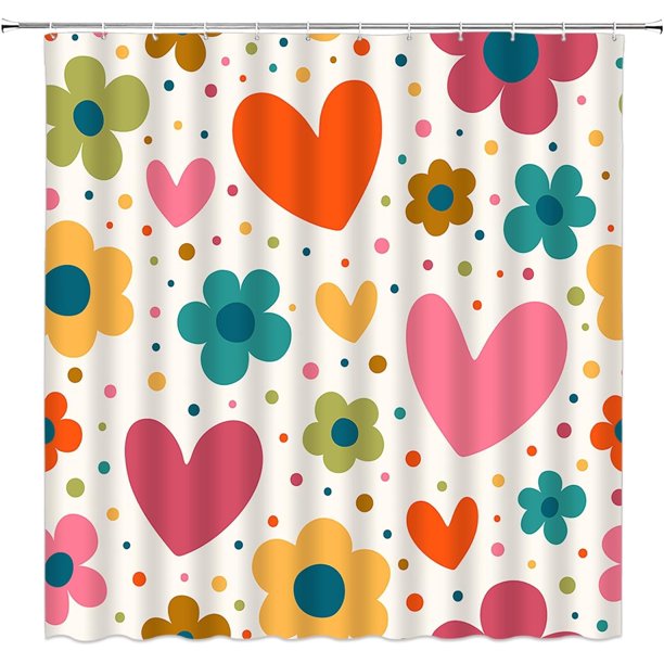 Cortina de ducha para el Día de San Valentín, diseño de corazón rosa, flores y lunares, estilo bohemio, amor dulce, pareja romántica, mujer y niña, extra larga, para baño y hogar, con ganchos, 188 cm