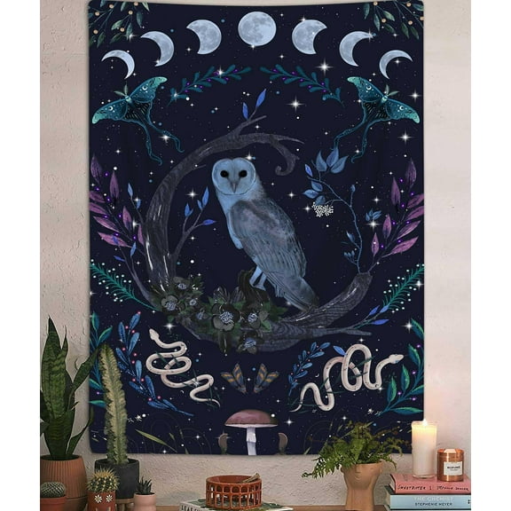 Witchy Owl Vertical Tapestry Aesthetic, Trippy Moth Snake Floral Leaves Mushroom Moon Cool Tarot Dark Tapestry Wall Hanging for Bedroom, Gothic Grunge Nature Tapestries Poster Dorm Decor 40X60IN